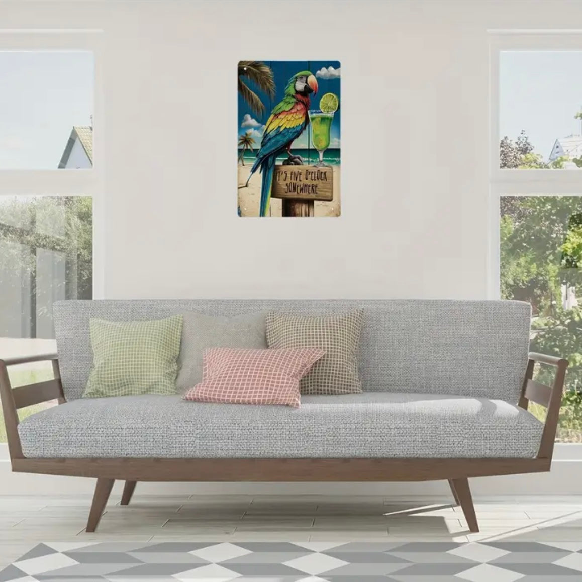 Placa de Alumínio com Papagaio e frase It’s five o’clock somewhere